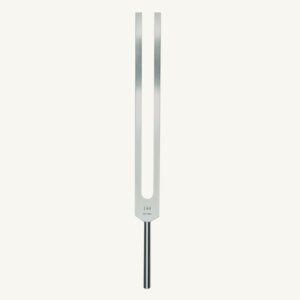 Metal tuning fork with two long prongs and a short handle, used for hearing or vibration testing.
